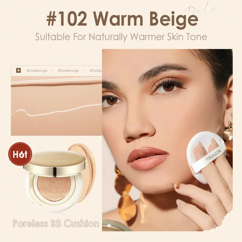 Makeup product advertisement featuring a cushion foundation compact and a model applying makeup.