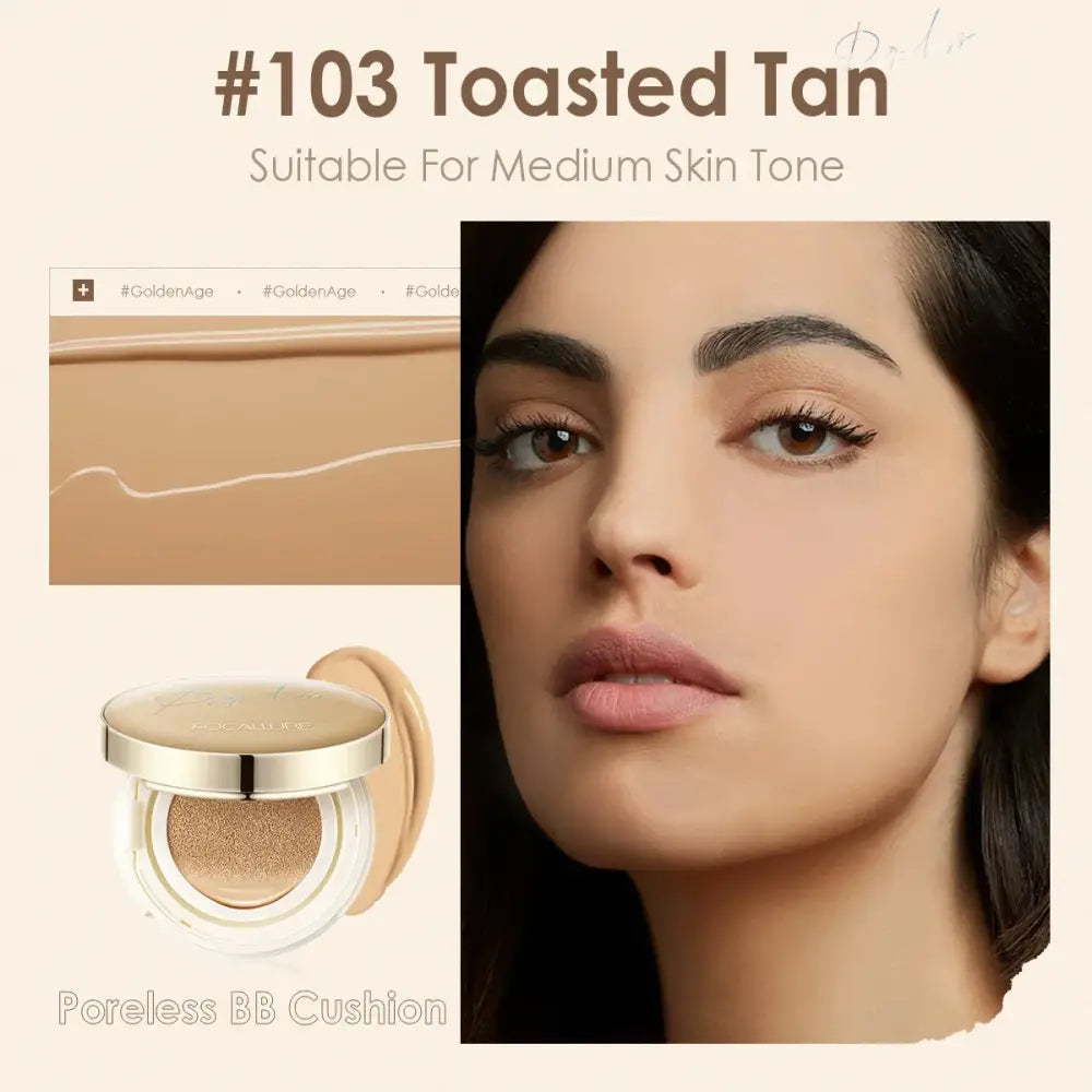 Compact makeup cushion in shade ’#103 Toasted Tan’ for medium skin tones.