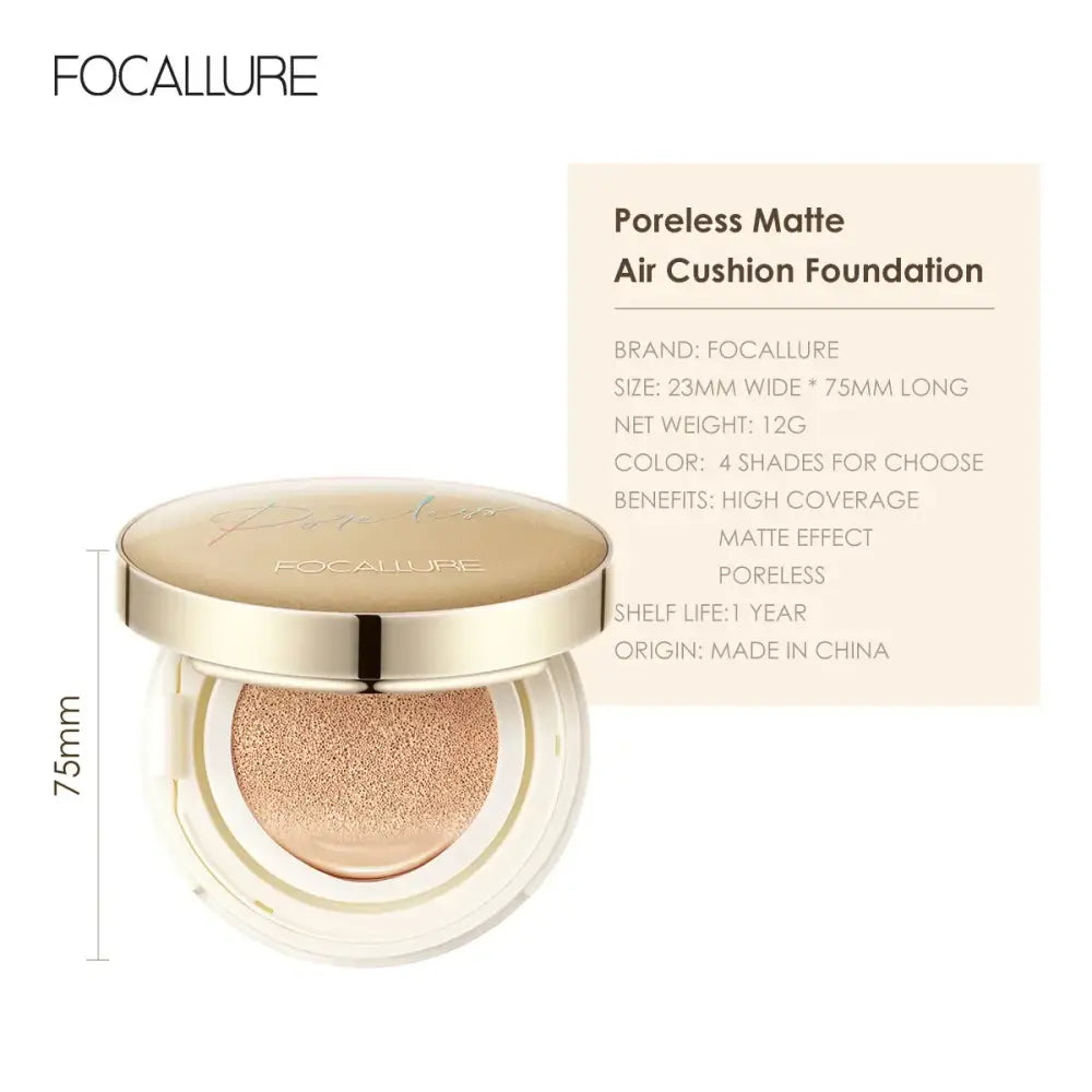 Compact cushion foundation in a round gold container with a clear lid.