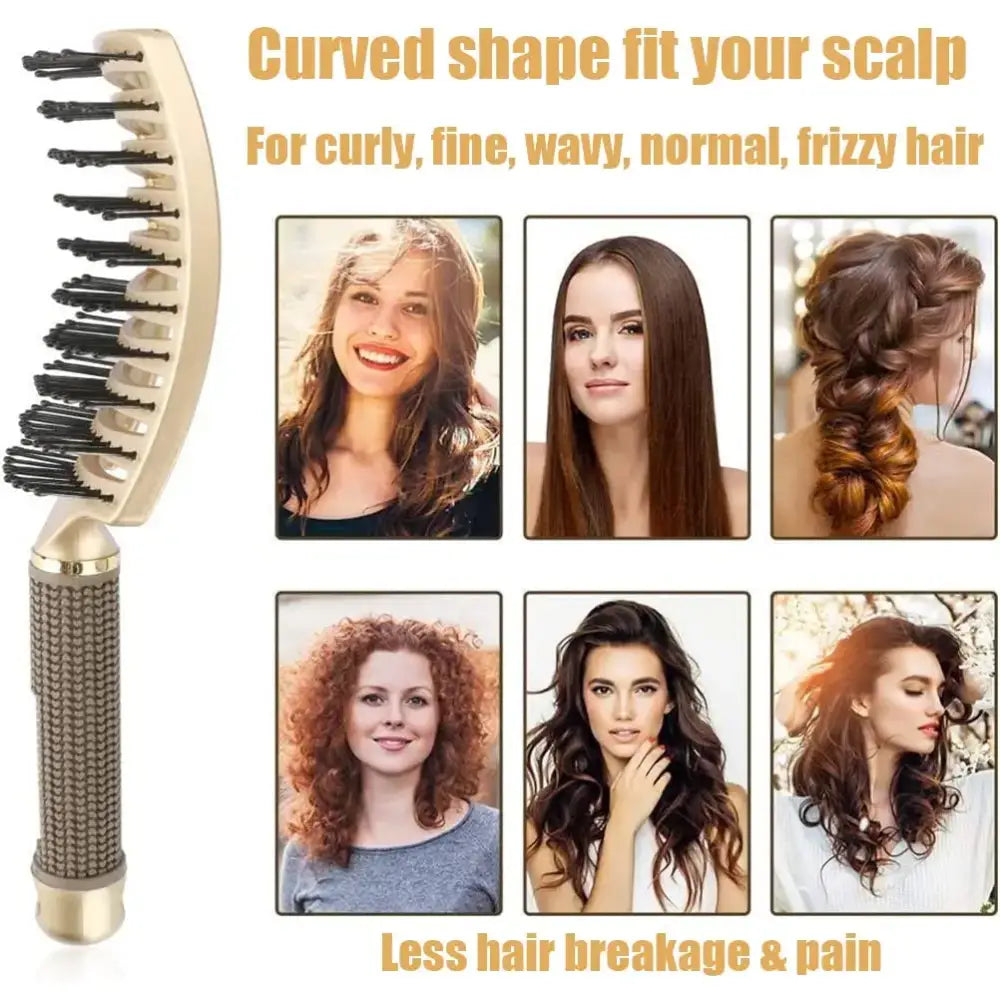 Curved hairbrush with bristles and a textured handle designed for various hair types.