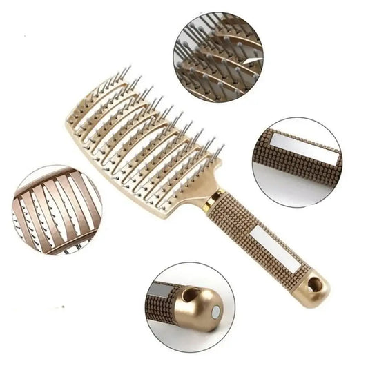 Curved hairbrush with metallic bristles and a textured gold handle.