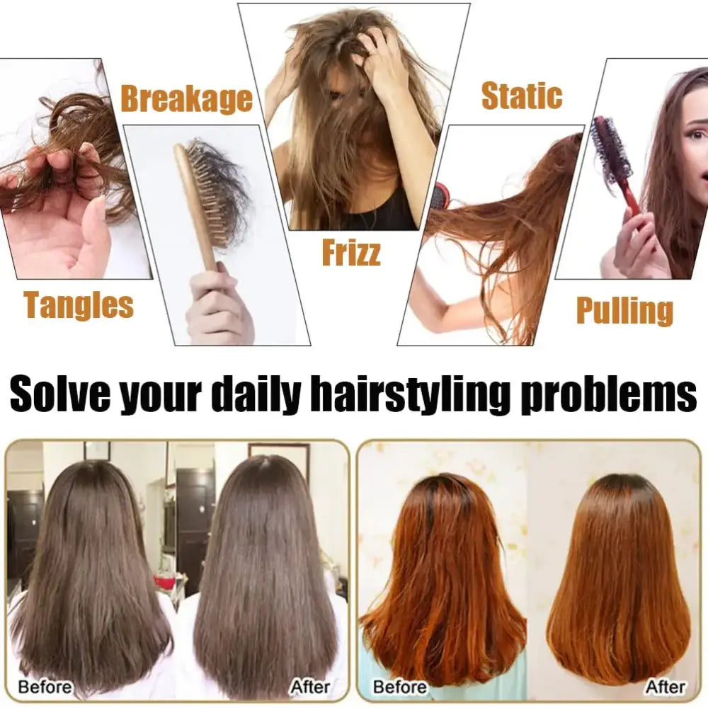 Infographic showing common hair problems and solutions, with before and after images demonstrating improved hair appearance.