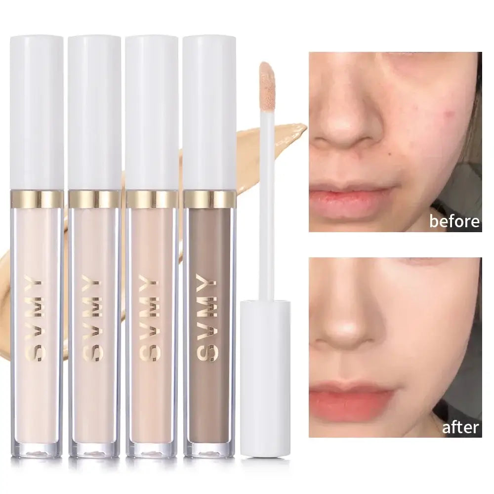 Cosmetic concealer tubes with applicator wands and before/after skin comparison photos.