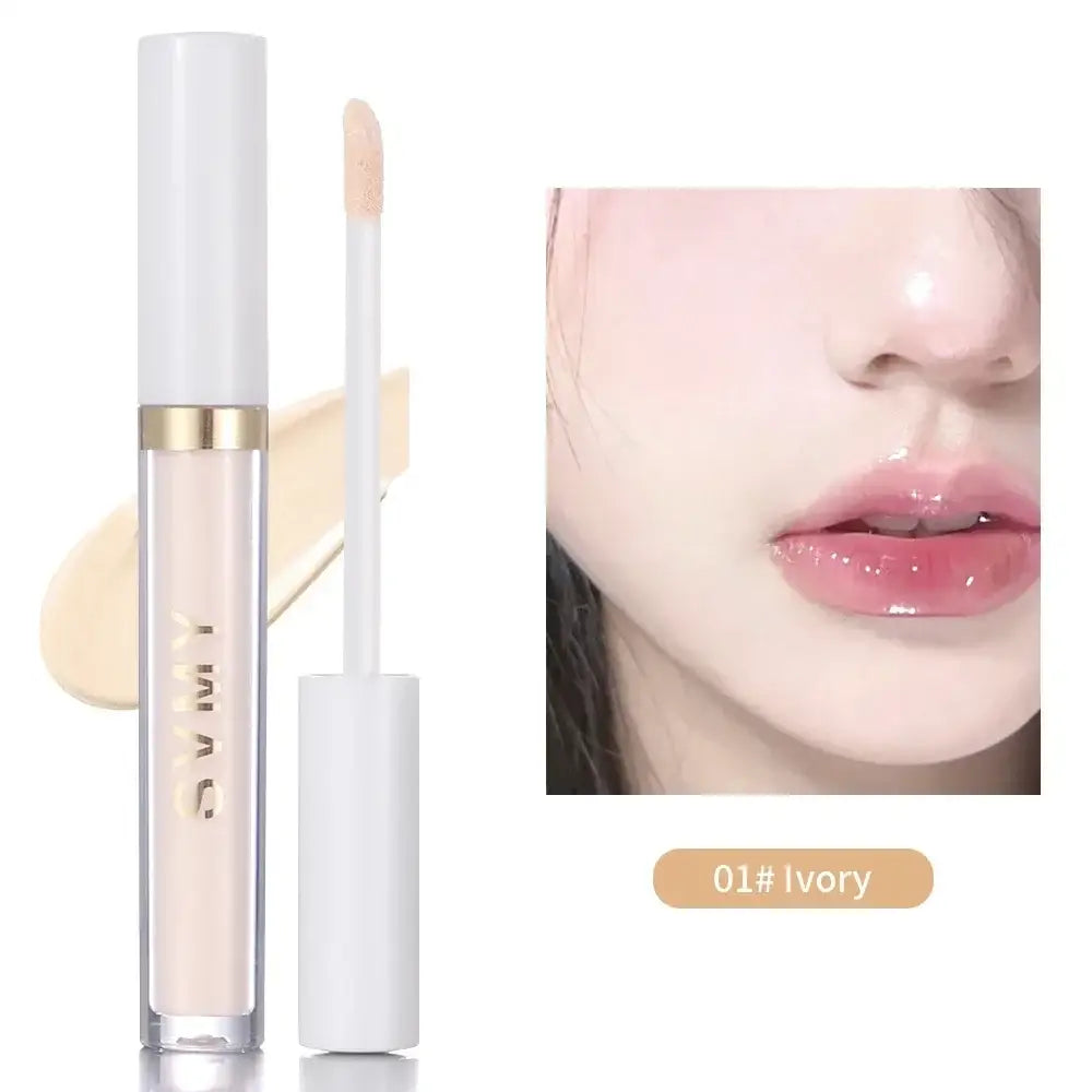 Lip gloss or concealer product with an applicator wand and a close-up of glossy lips.