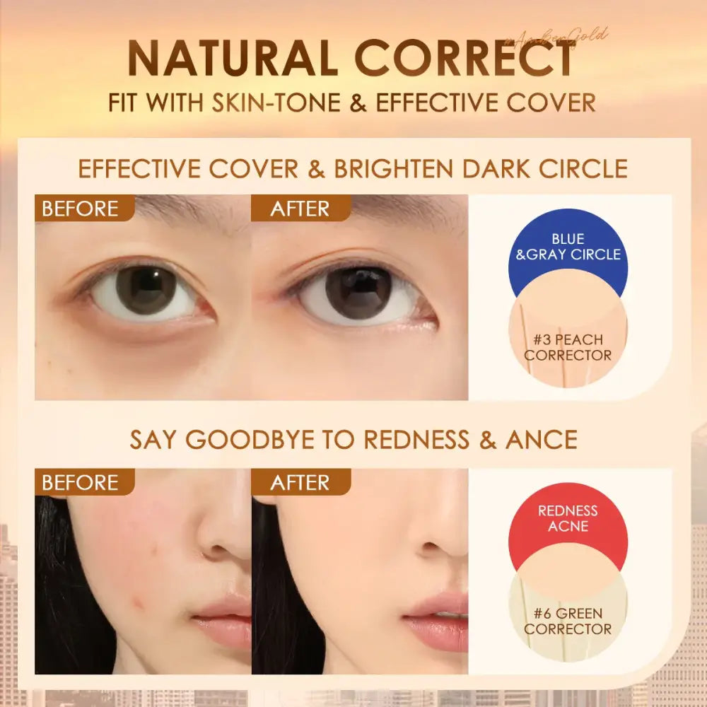 Advertisement for skin-tone correcting makeup products showing before and after comparisons.