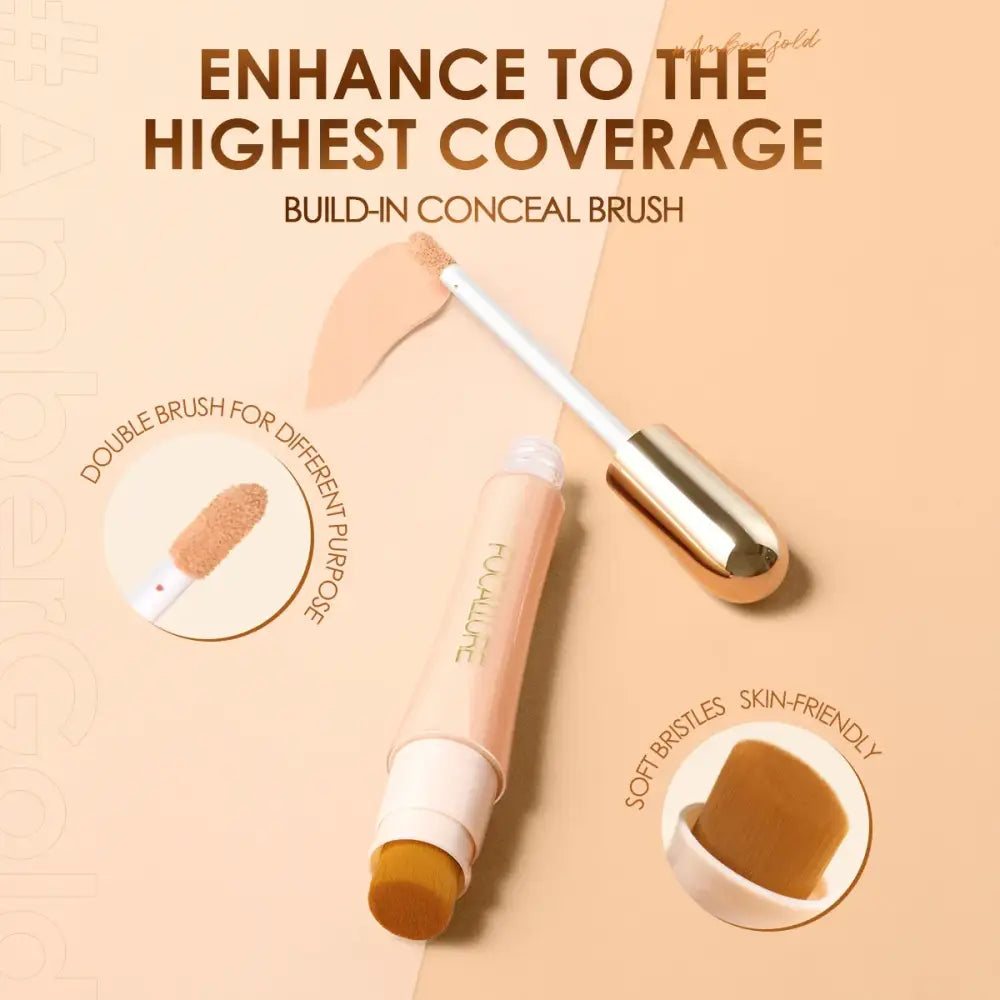 Concealer brush with a built-in product applicator in beige and gold tones.