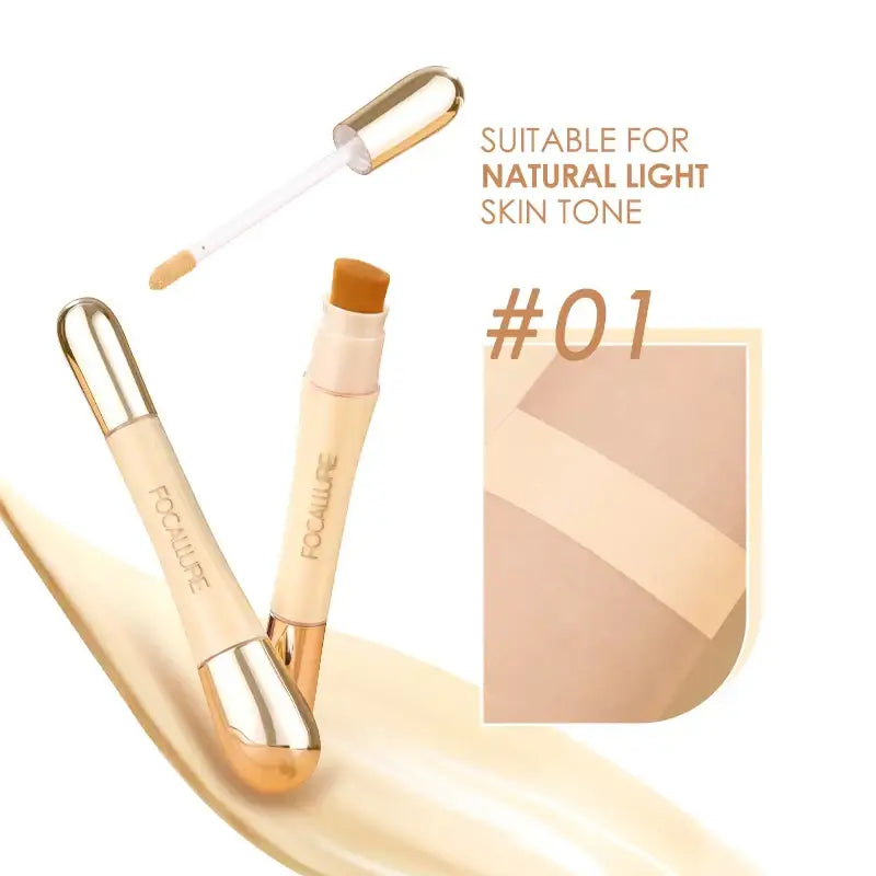 Makeup concealer stick with gold-toned packaging and a swatch showing its light skin tone shade.