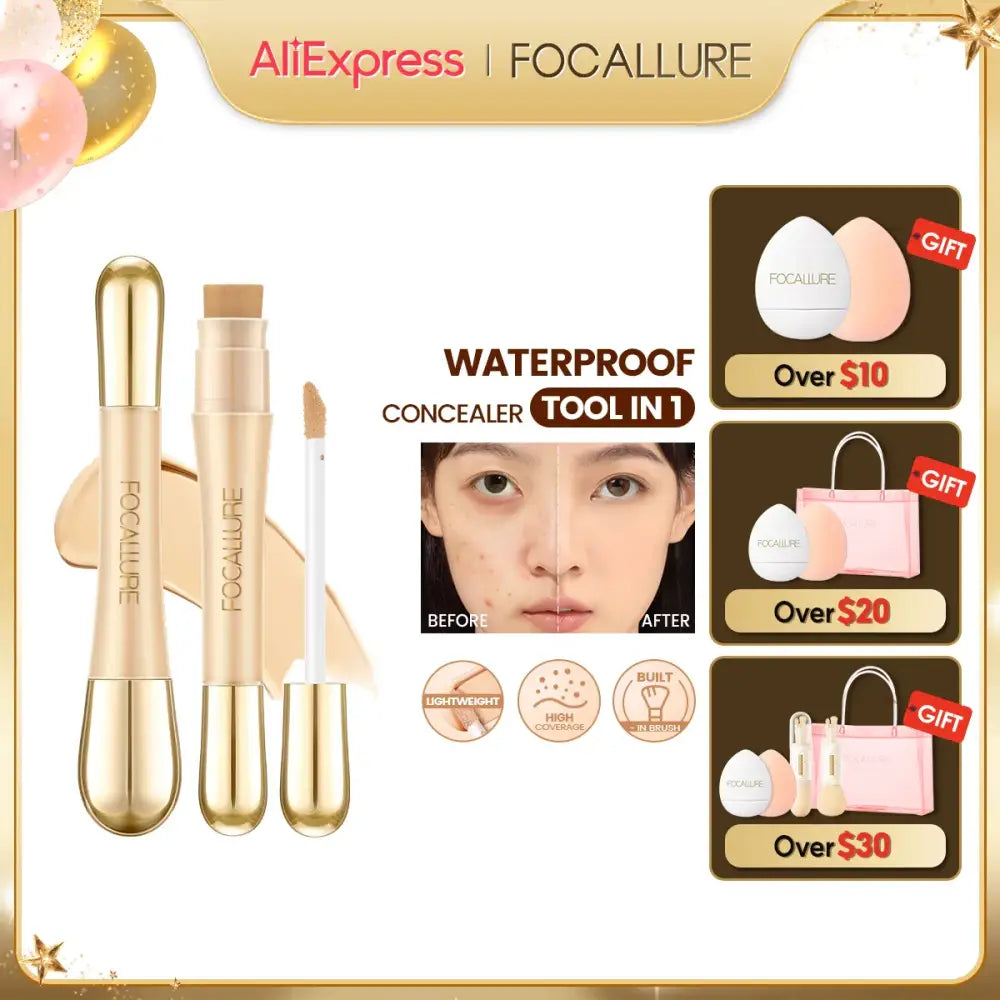 Waterproof concealer tool with a golden applicator wand.