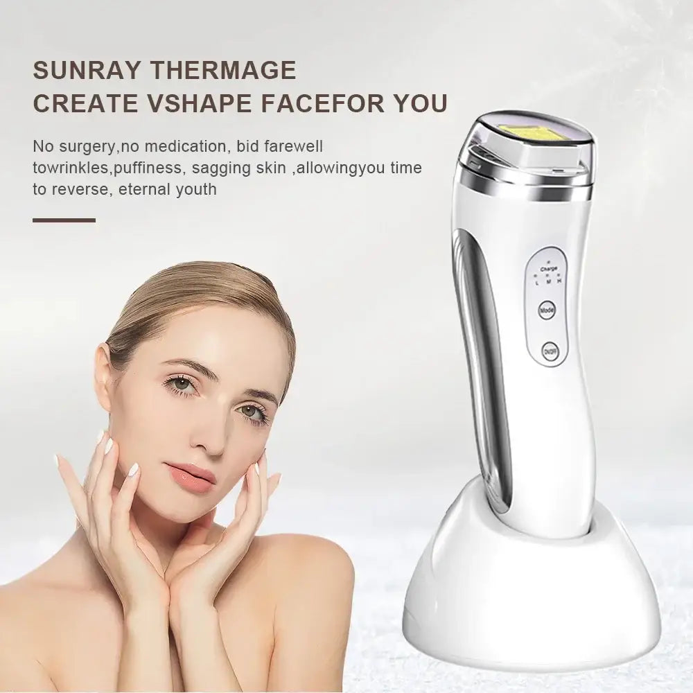 Handheld electronic skincare device with a white body and gold-colored treatment head.