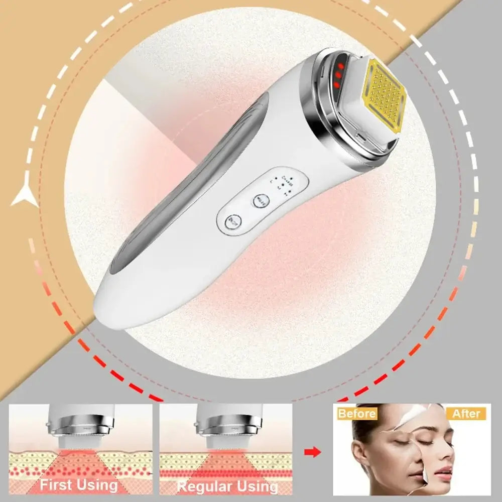 Handheld electronic beauty device with a metallic head and control buttons.