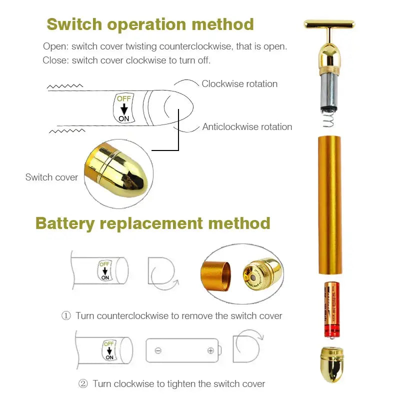 Electronic cigarette or vape pen with instructions for operation and battery replacement.