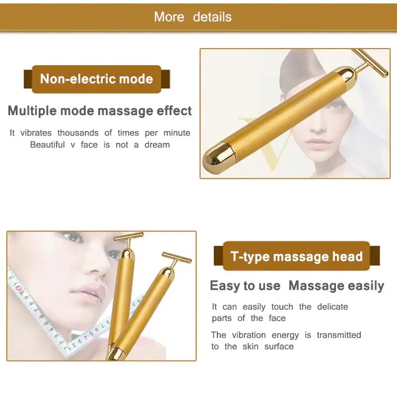 Gold-colored T-shaped facial massage device with vibration functionality.