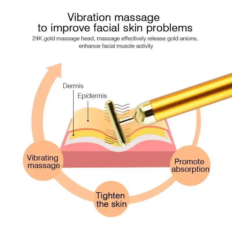 Gold vibrating massage device for facial skin treatment.