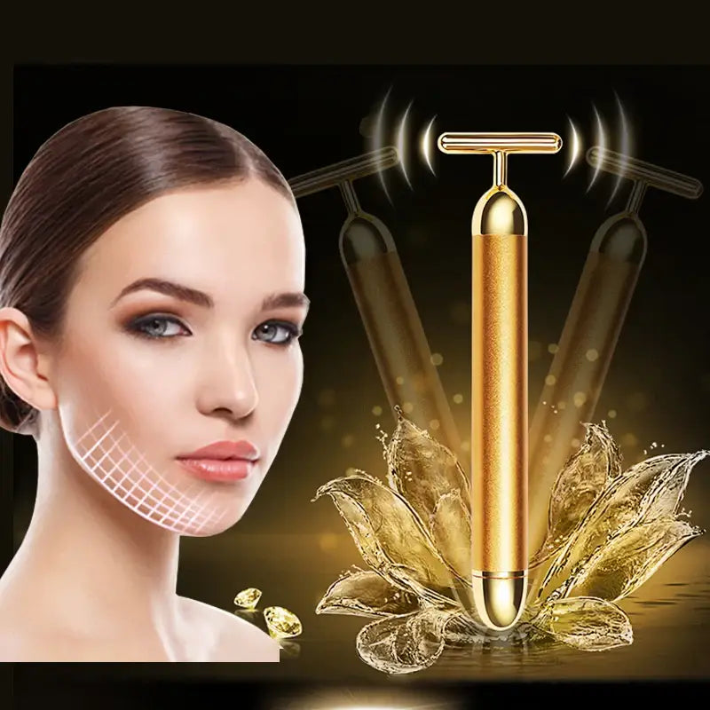 Golden facial massage roller with vibration lines indicating movement.