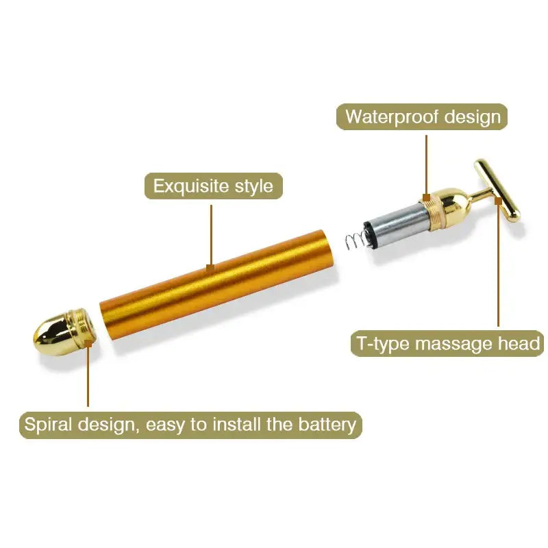 Sleek golden cylindrical device with a T-shaped massage head attachment.