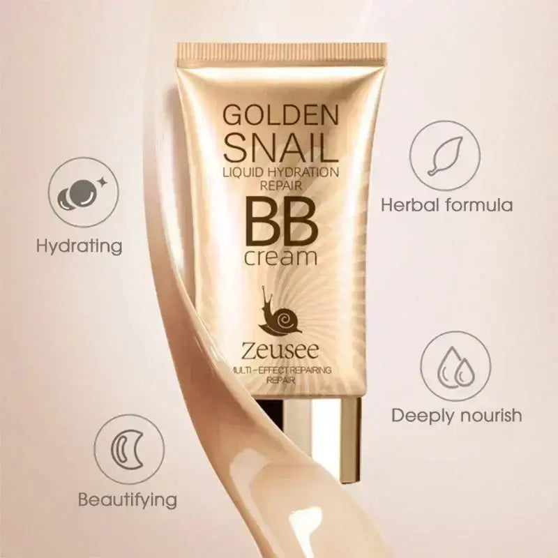 Golden-colored tube of ’Golden Snail’ BB cream by Zeusee with product features illustrated around it.