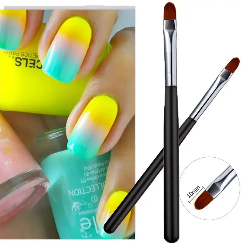 Colorful gradient manicure with yellow, blue, and white ombre nails alongside nail polish bottles and makeup brushes.