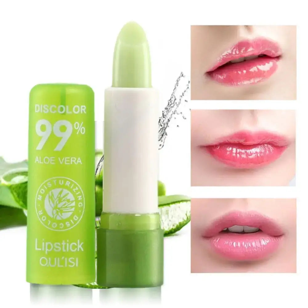 Green aloe vera lipstick with accompanying product packaging and lip swatch images.