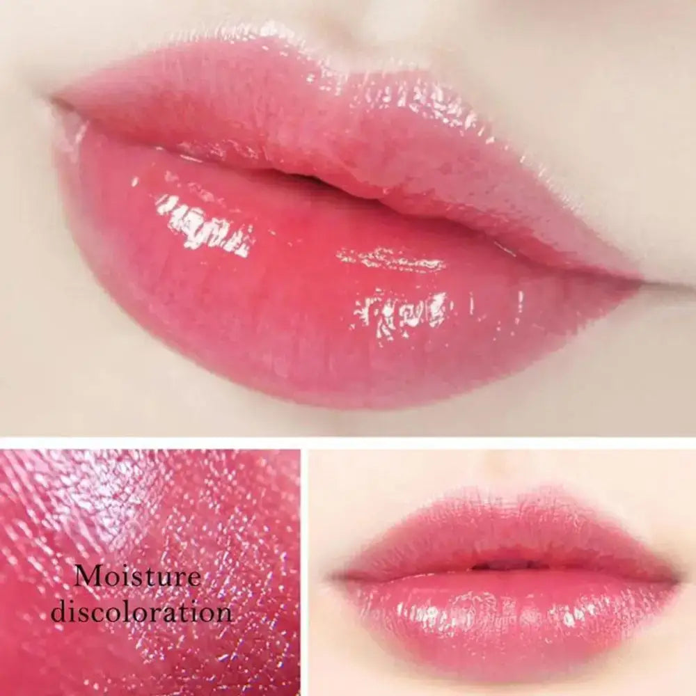 Glossy pink lips with a shiny, plump appearance.