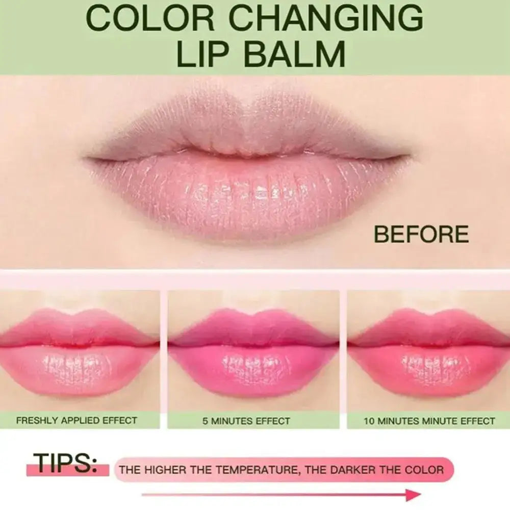 Color-changing lip balm demonstrating its effects over time.