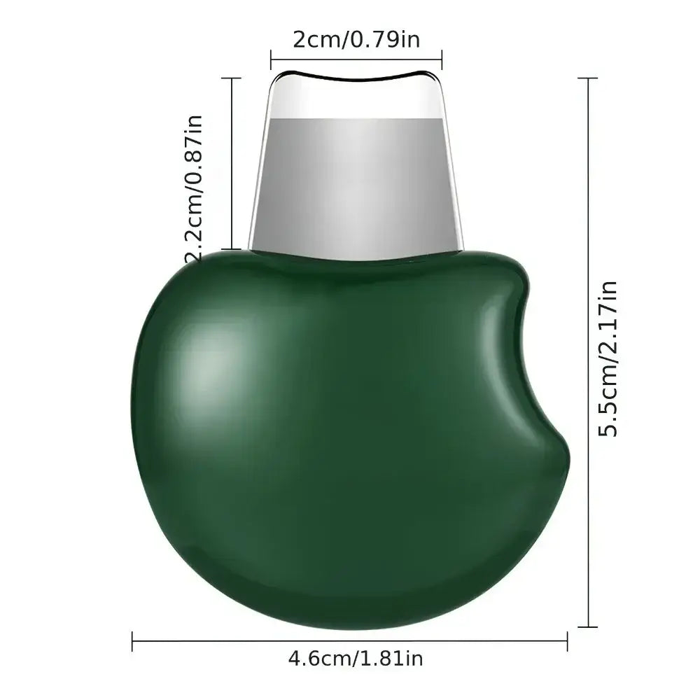 Green, apple-shaped container with a silver cap.