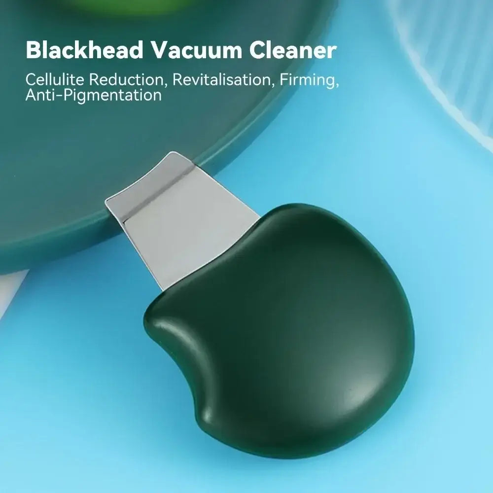 Dark green handheld device with a curved shape and metallic tip for blackhead removal and skin treatment.