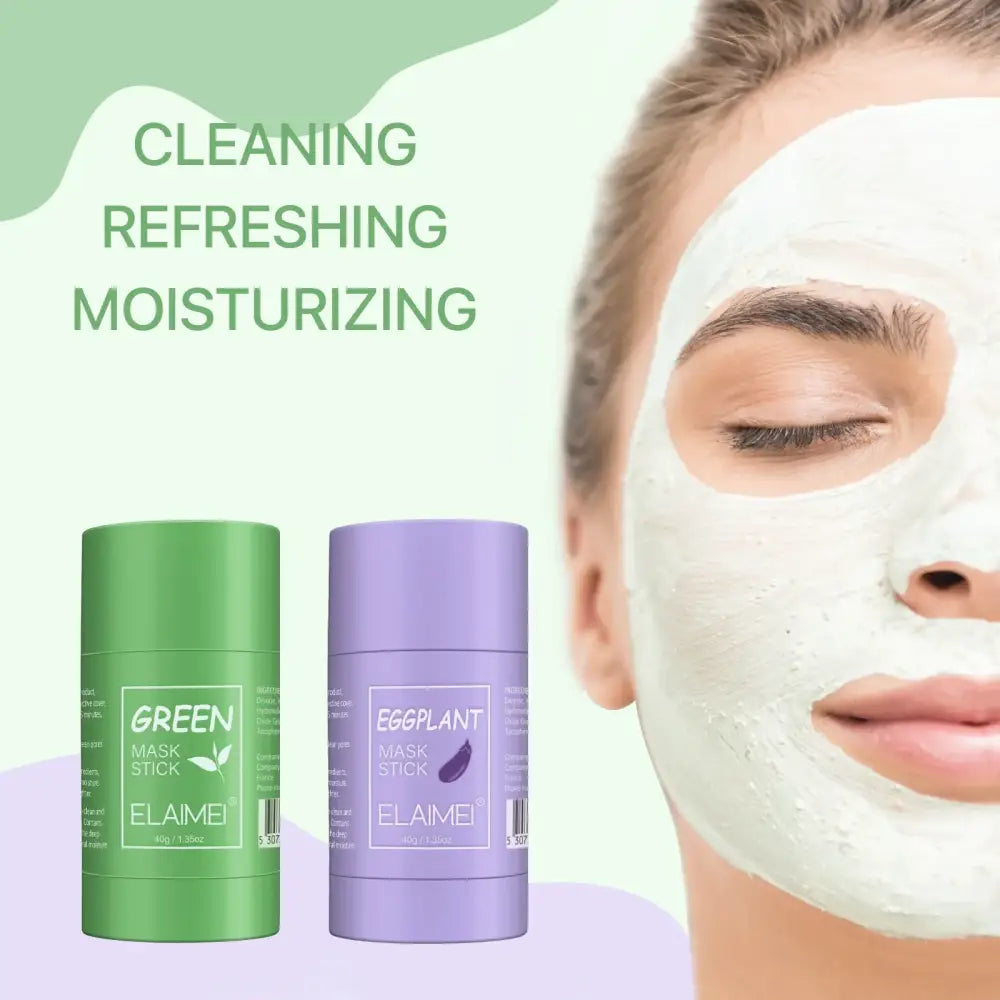 Facial cleansing mask stick in green and purple packaging.