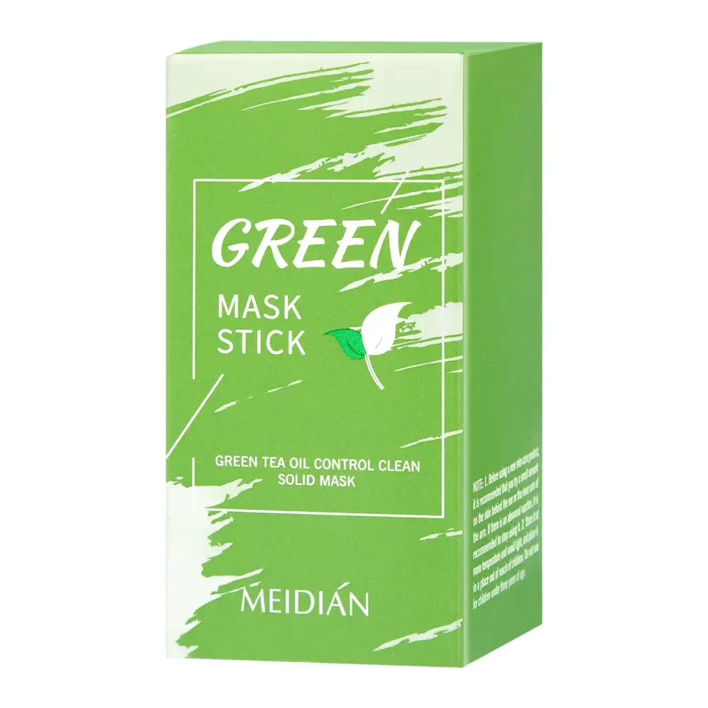 Green-colored box for a mask stick product featuring green tea oil control properties.