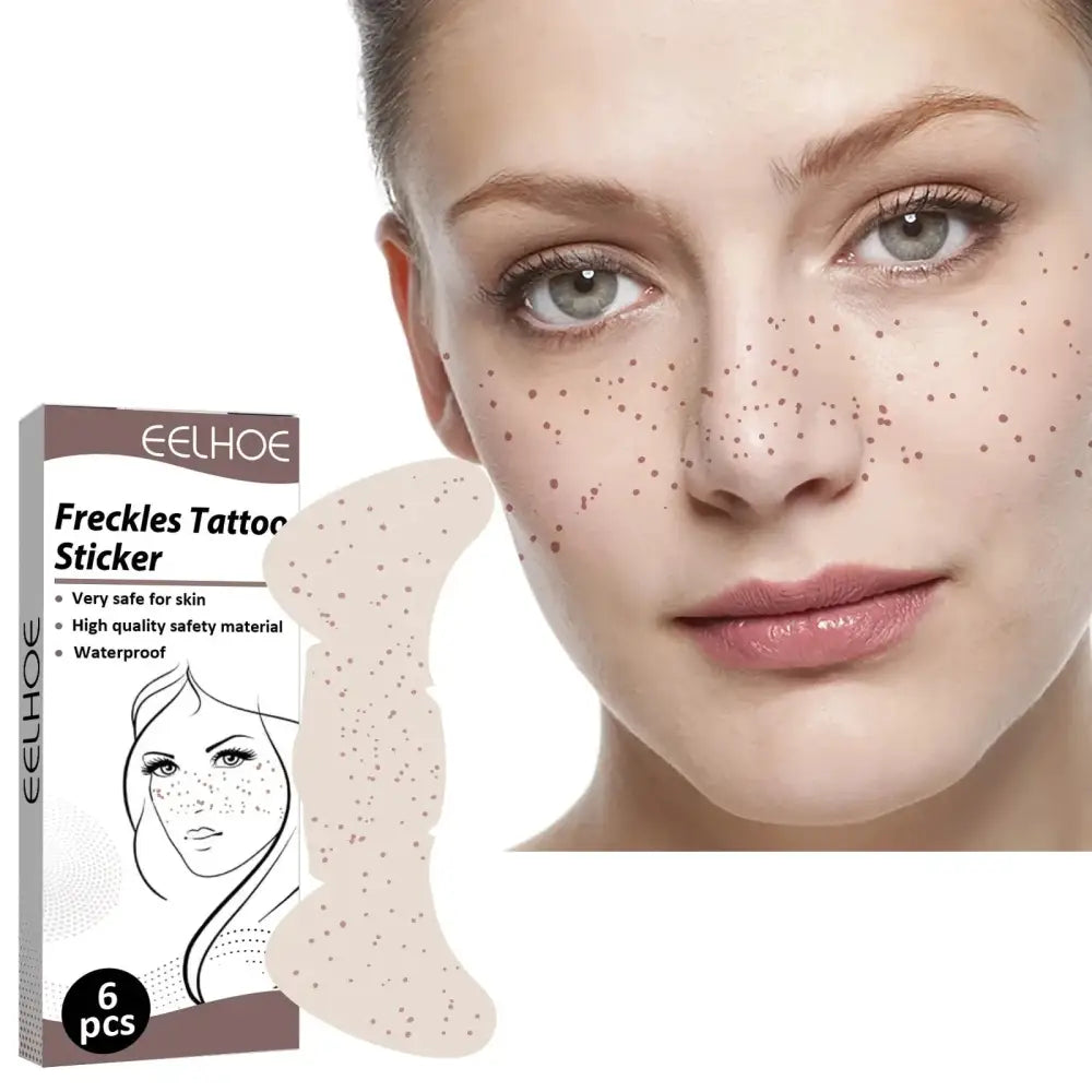 Freckles tattoo sticker product alongside a close-up of a face with applied freckle stickers.