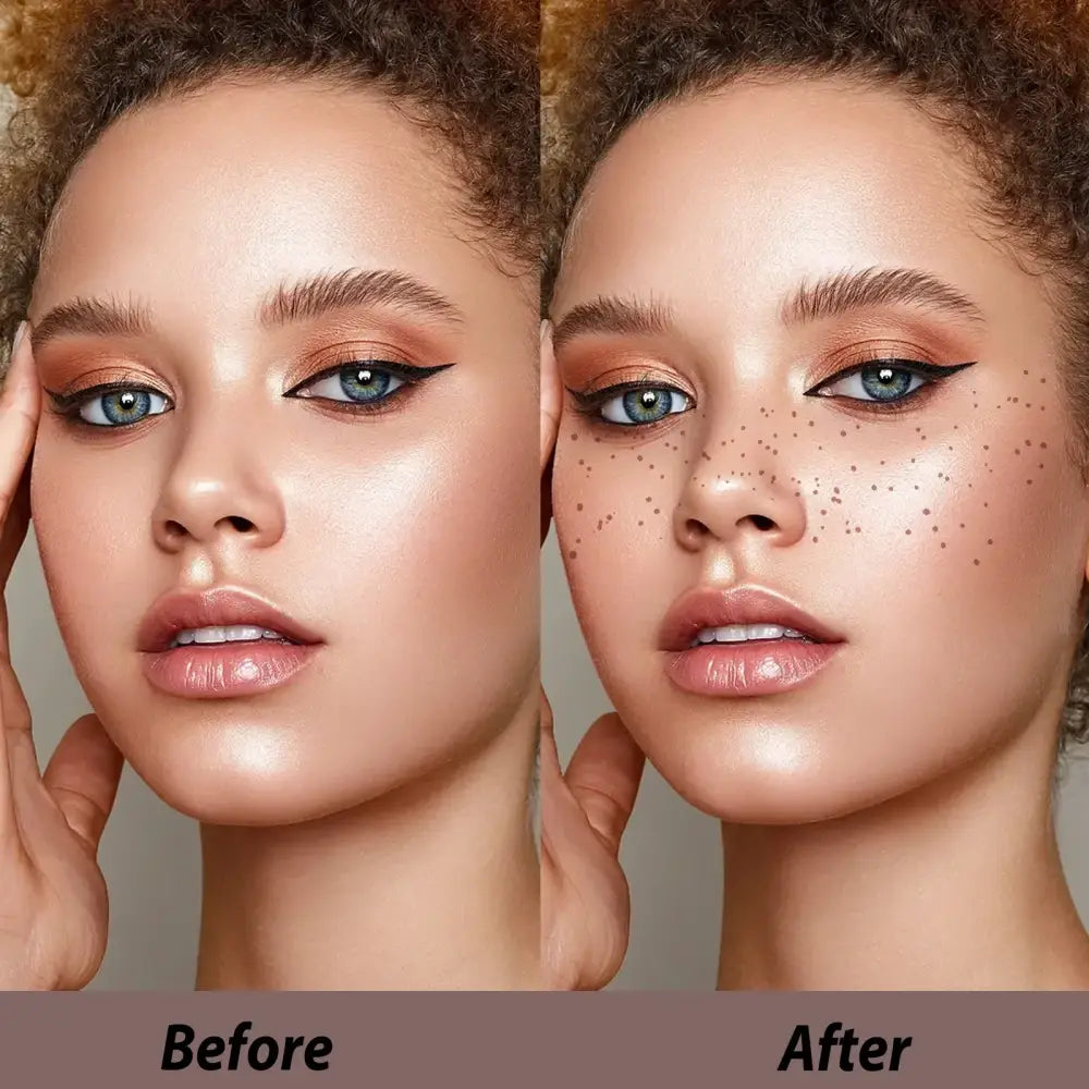 Side-by-side comparison of facial makeup application, showing a ’Before’ and ’After’ effect.