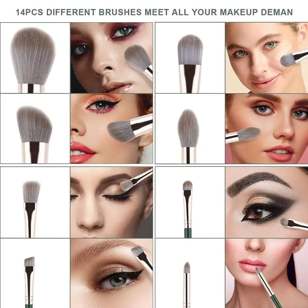 Collage of makeup brushes and close-up images of eye and face makeup application.