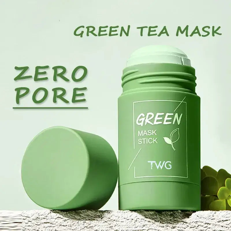 Green tea mask stick in a cylindrical container with a removable cap.