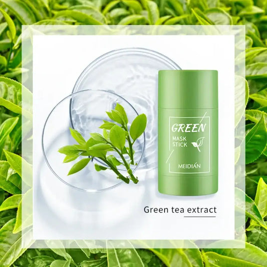 Green cylindrical container labeled ’Green Mask Stick’ with green tea extract.