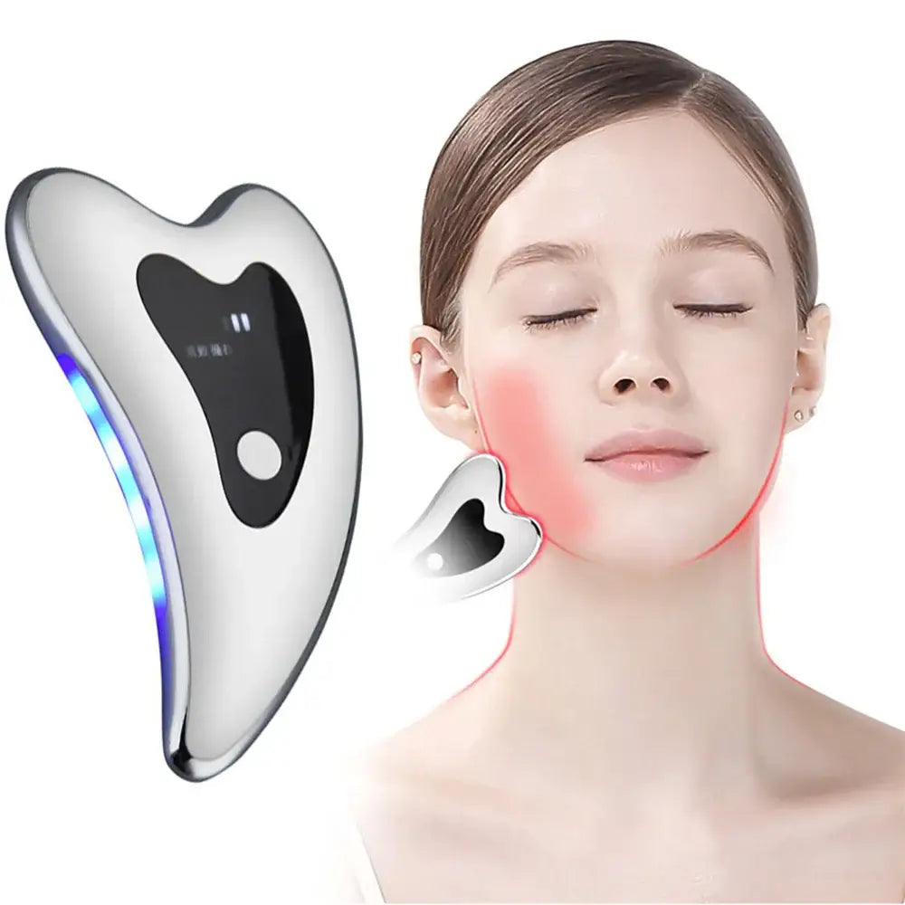 Handheld facial massage device with LED lights and a curved, ergonomic shape.