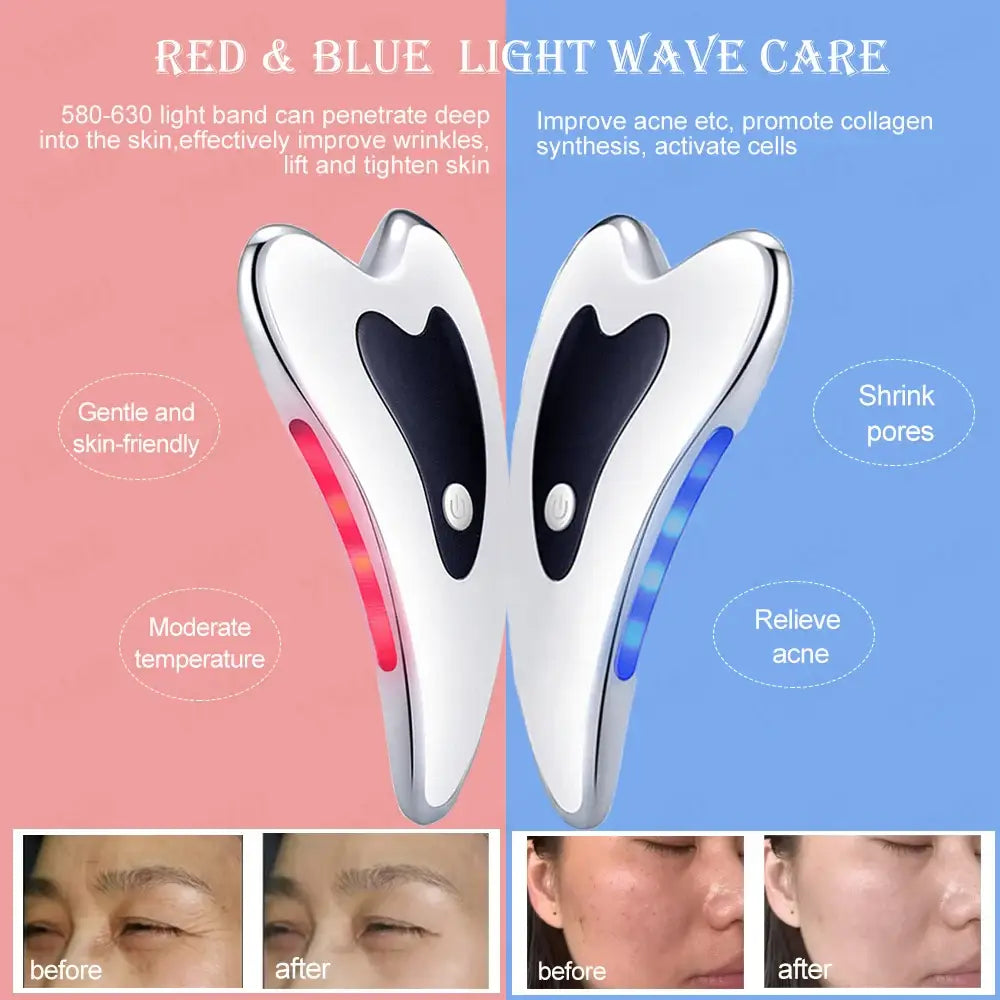 Handheld light therapy device with red and blue light panels for skincare treatment.