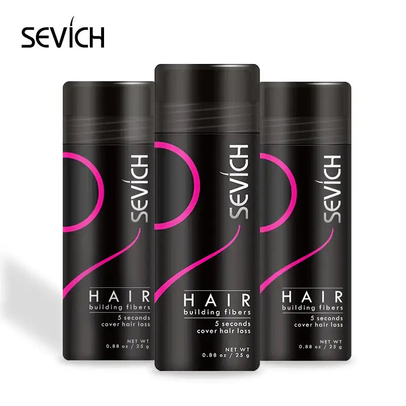 Black hair product bottles with pink curved accents and ’Sevich’ branding.