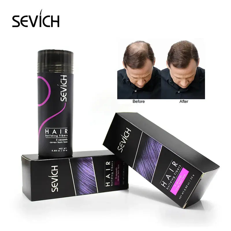 Hair building fibers product in a black cylindrical container with pink accents.