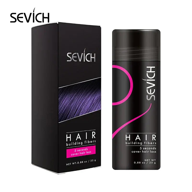 Hair building fibers product by Sevich, featuring a black bottle and packaging with purple accents.