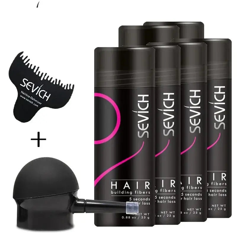 Set of black hair care product bottles with pink accents, accompanied by a beard shaping tool and a round applicator.