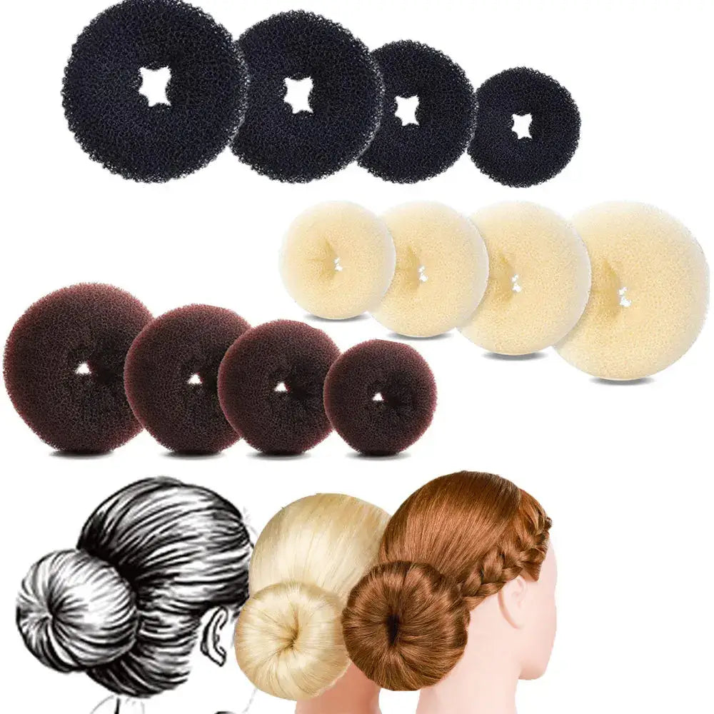 Hair bun donuts or hair volumizing accessories in various colors and sizes.