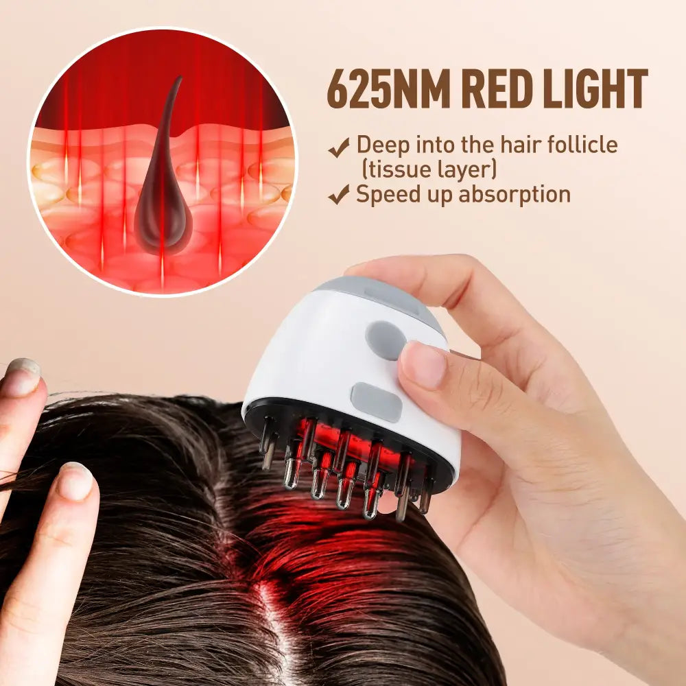 Hair growth device using 625nm red light therapy to penetrate hair follicles.