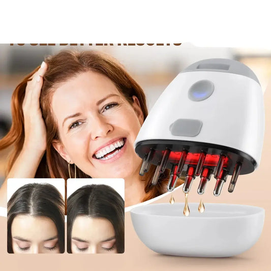 Hair growth stimulation device with red light therapy and massage prongs.