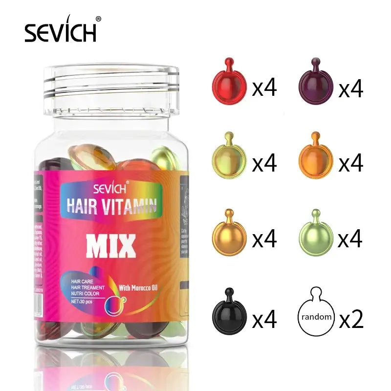 Bottle of Sevich Hair Vitamin Mix capsules with colorful spherical supplements.