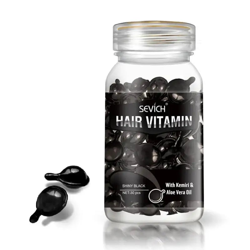 Clear plastic bottle containing black hair vitamin capsules labeled ’Sevich Hair Vitamin’.