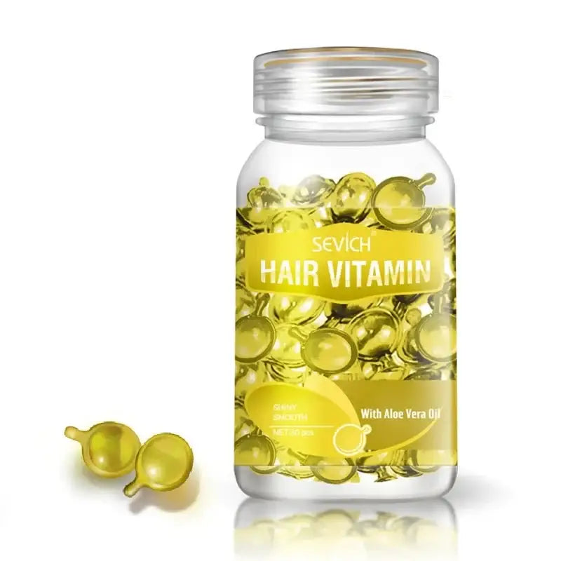 Clear plastic bottle filled with yellow hair vitamin capsules.