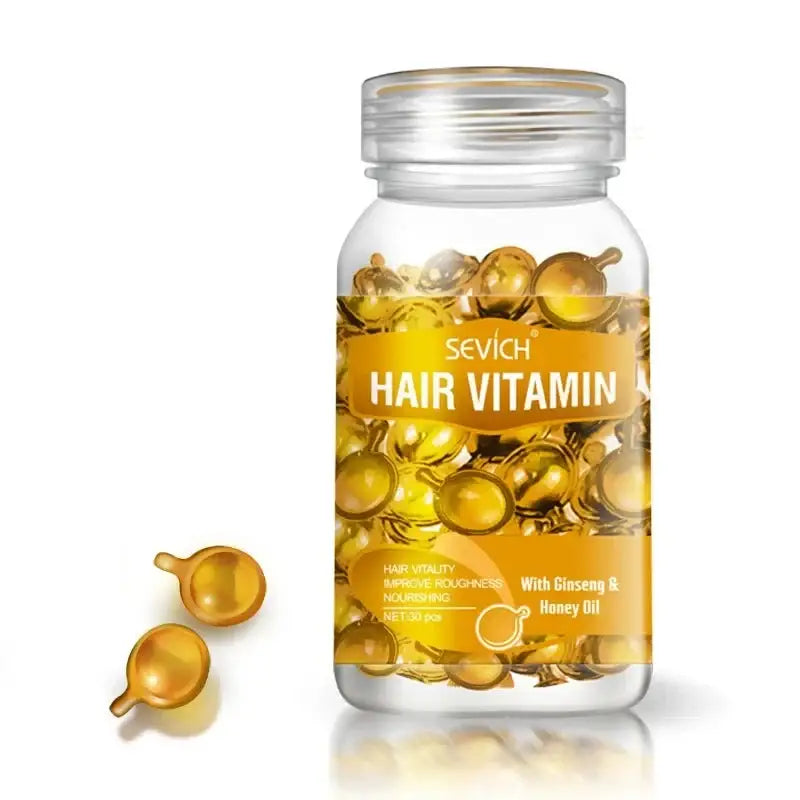 Clear plastic bottle containing yellow hair vitamin capsules.