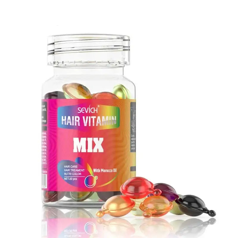 Clear plastic jar containing colorful hair vitamin gummies.