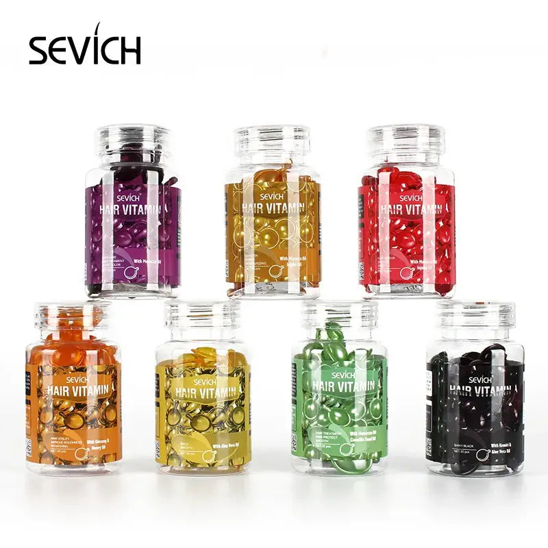 Seven glass jars filled with colorful vitamin capsules or supplements in various hues.