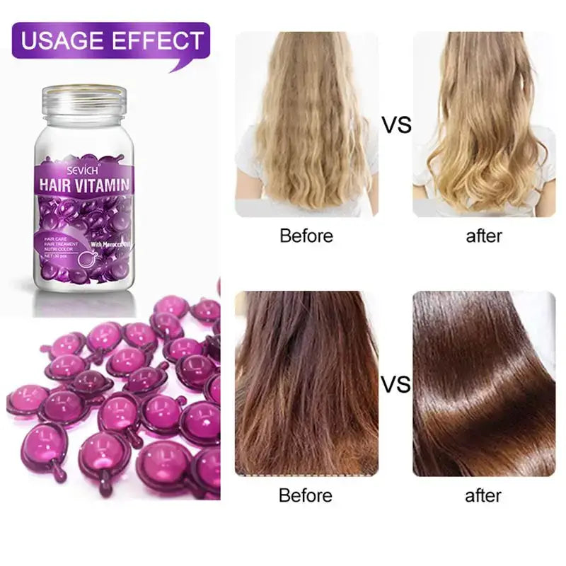 Hair vitamin supplement in a jar with before and after comparison images of hair texture and appearance.