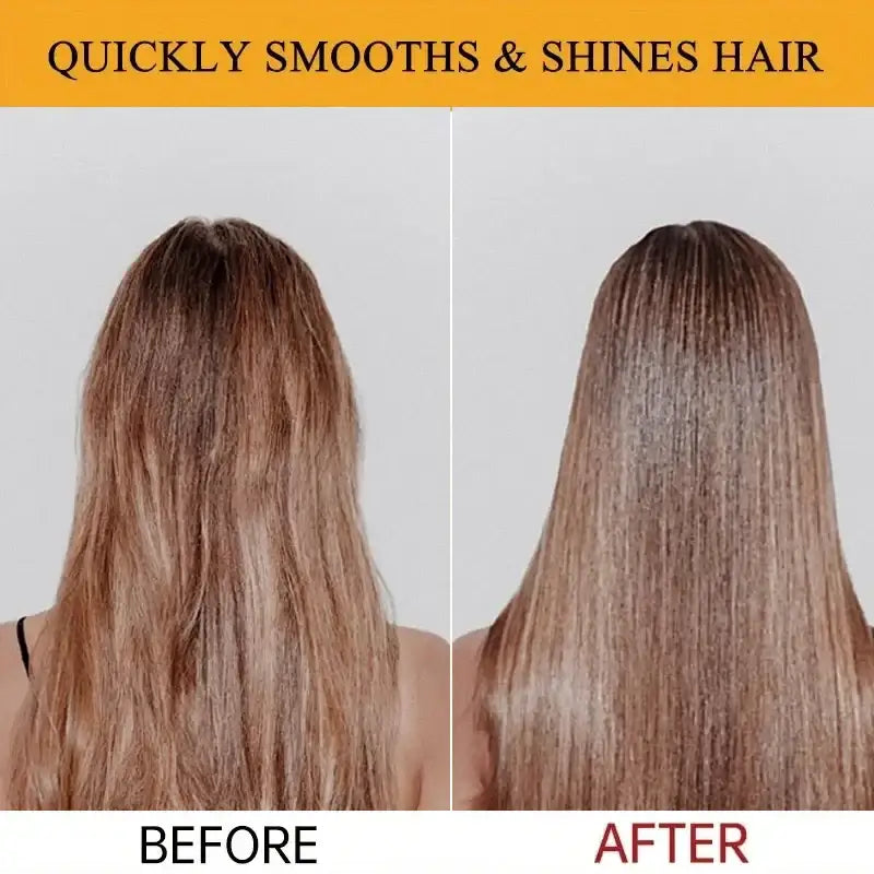 Before-and-after comparison of hair smoothing and shine treatment.